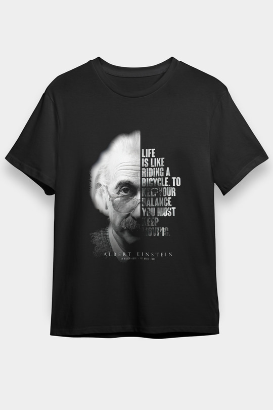 Einstein Portre Lıntı Baskılı Unisex Siyah Tişört - Tshirt