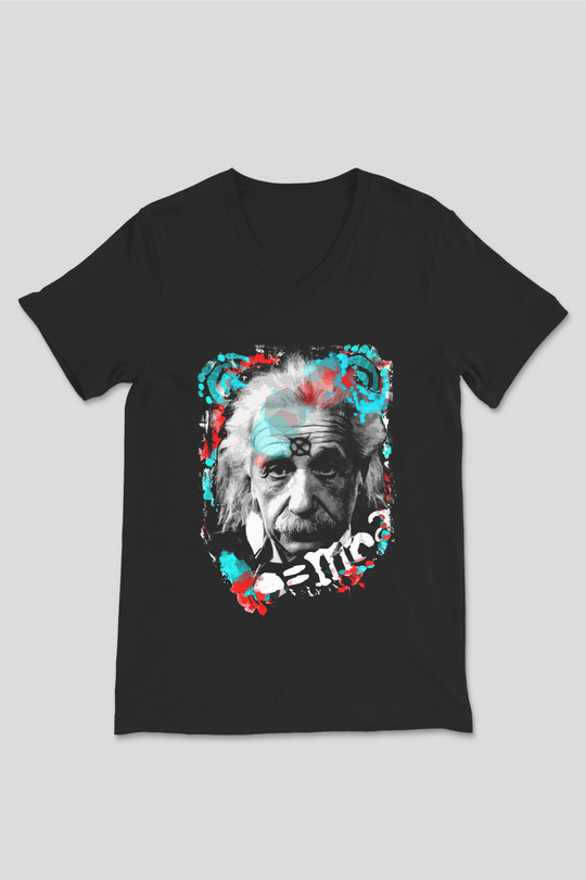 Einstein Siyah Unisex V Yaka Tişört T-Shirt