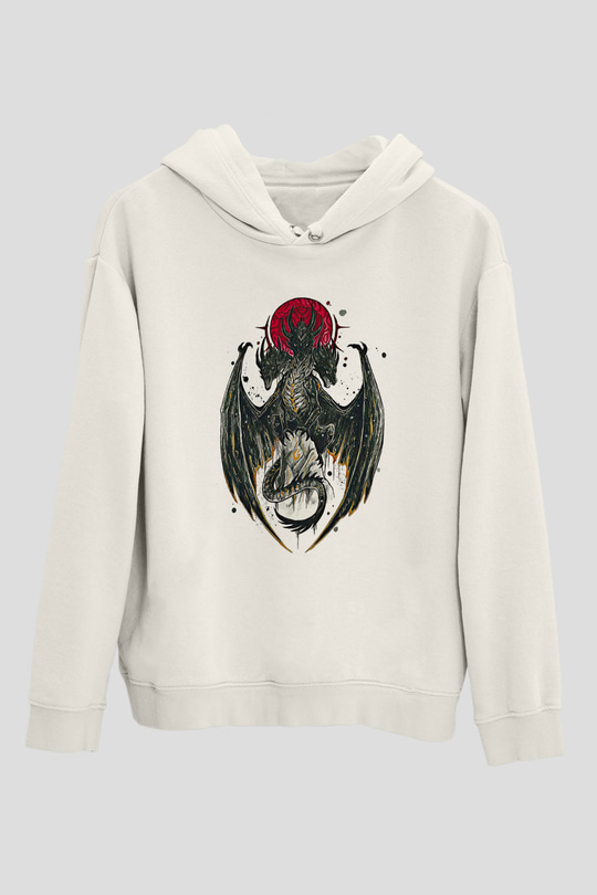 Ejderha Baskılı Beyaz Unisex Hoodie