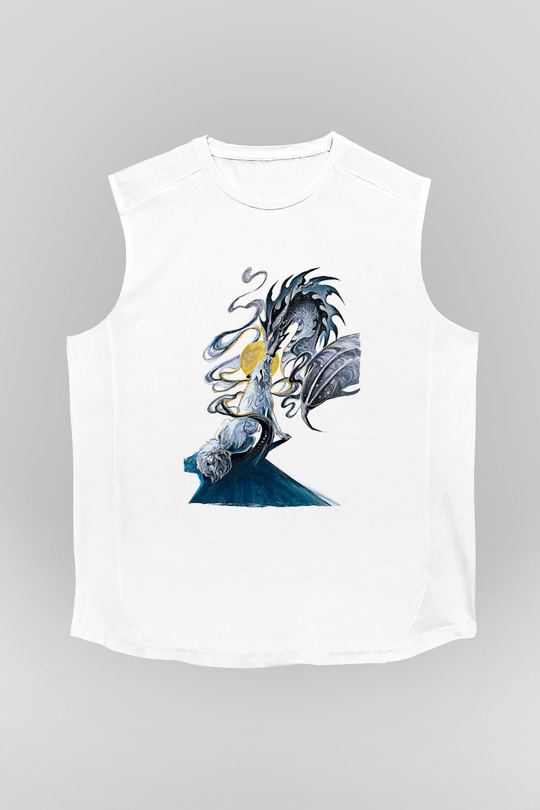 Ejderha Baskılı Beyaz Unisex Kolsuz Tişört - Tshirt