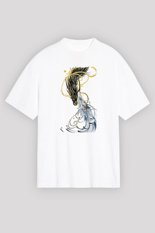 Ejderha Baskılı Beyaz Unisex Oversize Tişört - Tshirt