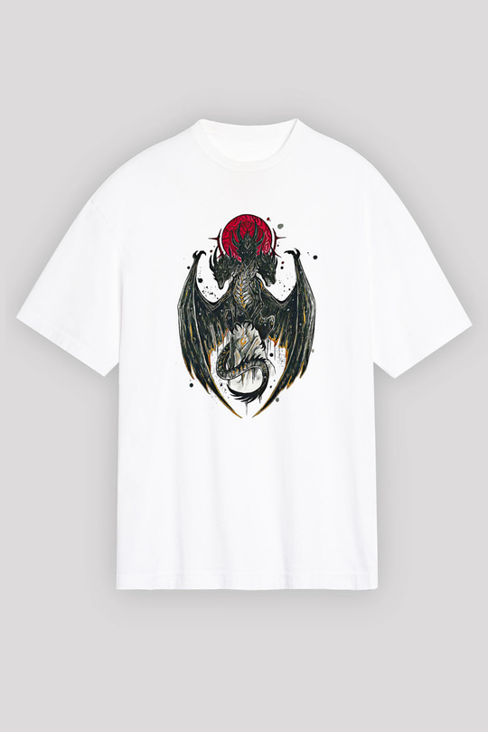 Ejderha Baskılı Beyaz Unisex Oversize Tişört - Tshirt