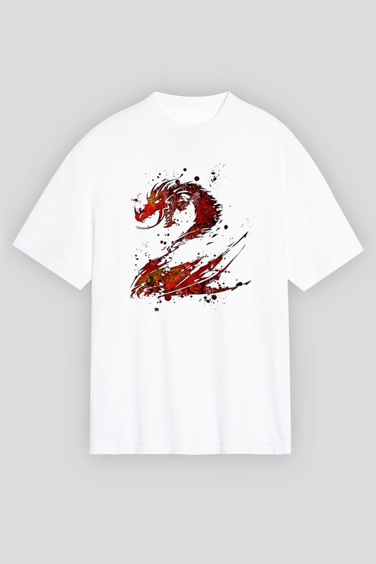 Ejderha Baskılı Beyaz Unisex Oversize Tişört - Tshirt