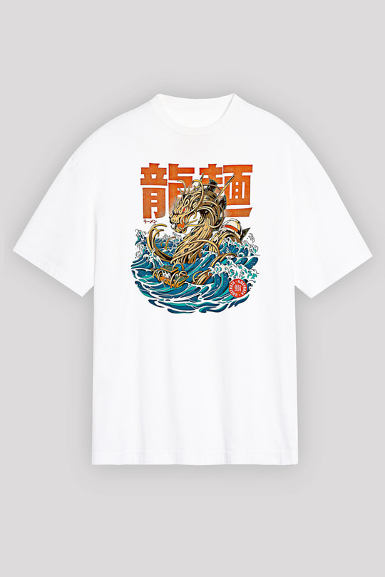 Ejderha Baskılı Beyaz Unisex Oversize Tişört - Tshirt