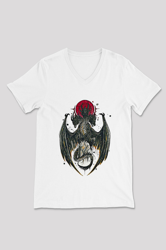 Ejderha Baskılı Beyaz Unisex V Yaka Tişört - Tshirt