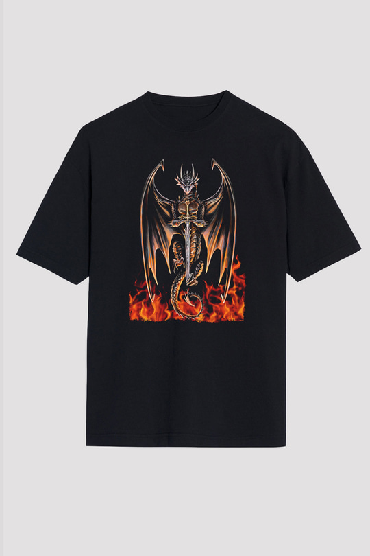 Ejderha Baskılı Unisex Siyah Oversize Tişört - Tshirt