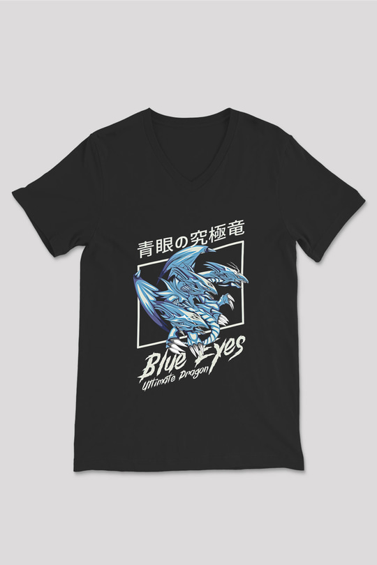 Ejderha Baskılı Unisex Siyah V Yaka Tişört - Tshirt