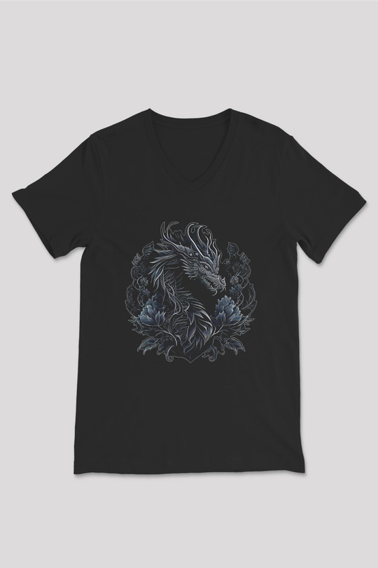 Ejderha Baskılı Unisex Siyah V Yaka Tişört - Tshirt