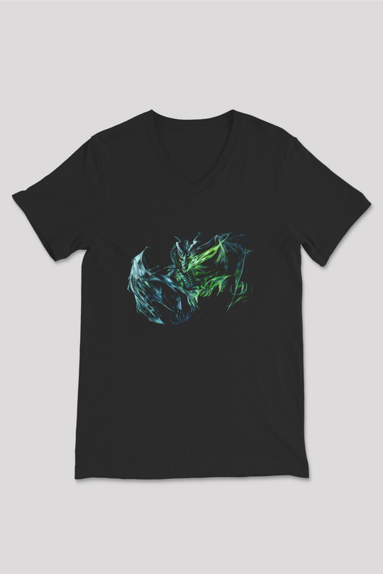 Ejderha Baskılı Unisex Siyah V Yaka Tişört - Tshirt
