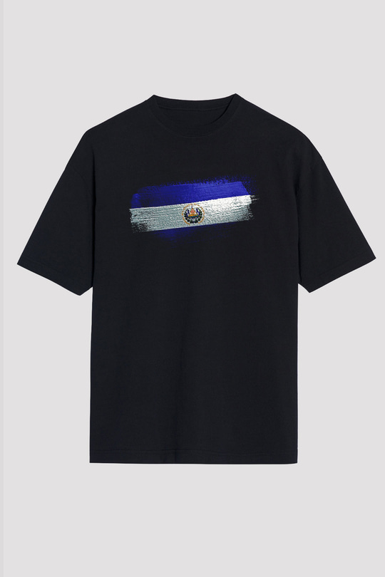 El Salvador Bayrağı Baskılı Unisex Siyah Oversize Tişört