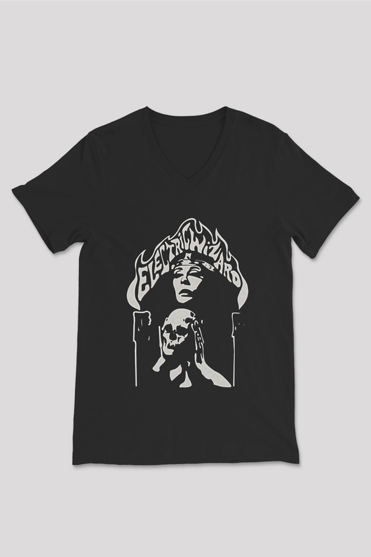 Electric Wizard Baskılı Unisex Siyah V Yaka Tişört - Tshirt