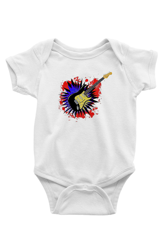 Elektro Gitar Baskılı Beyaz Unisex Bebek Body - Zıbın