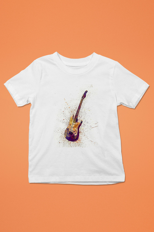 Elektro Gitar Baskılı Beyaz Unisex Beyaz Çocuk Tişört - Tshirt
