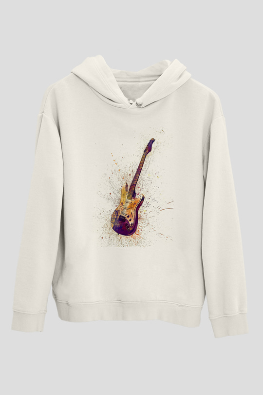 Elektro Gitar Baskılı Beyaz Unisex Hoodie