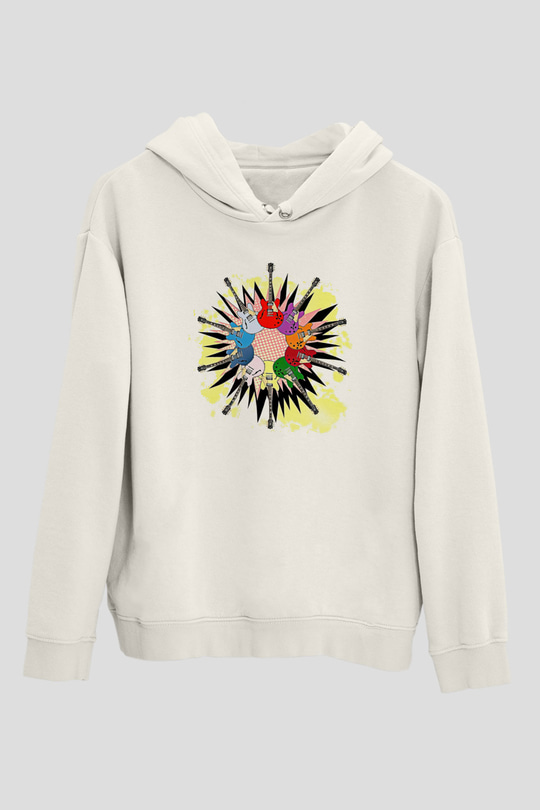 Elektro Gitar Baskılı Beyaz Unisex Hoodie