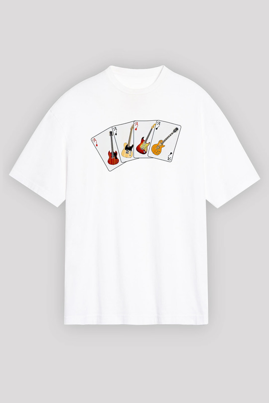 Elektro Gitar Baskılı Beyaz Unisex Oversize Tişört - Tshirt