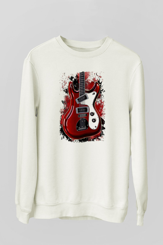 Elektro Gitar Baskılı Beyaz Unisex Sweatshirt