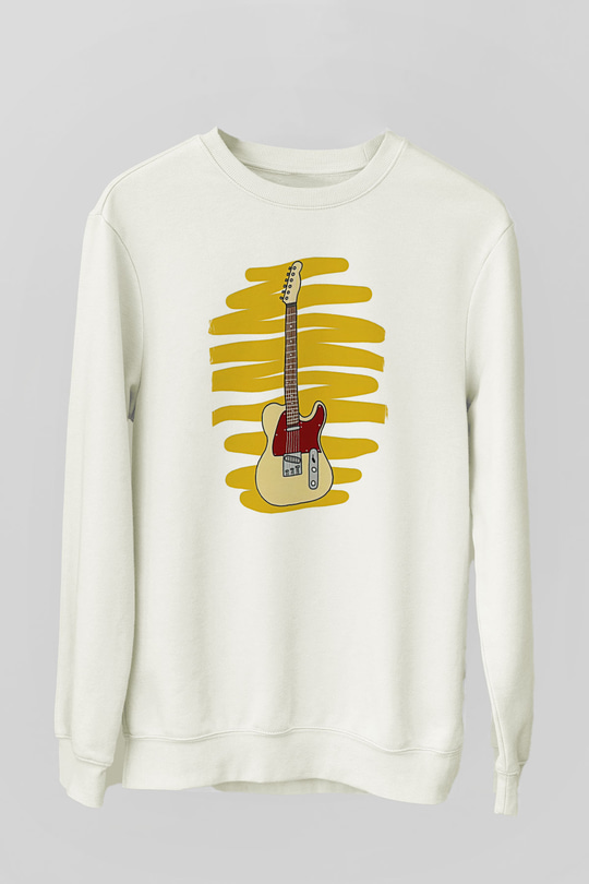 Elektro Gitar Baskılı Beyaz Unisex Sweatshirt