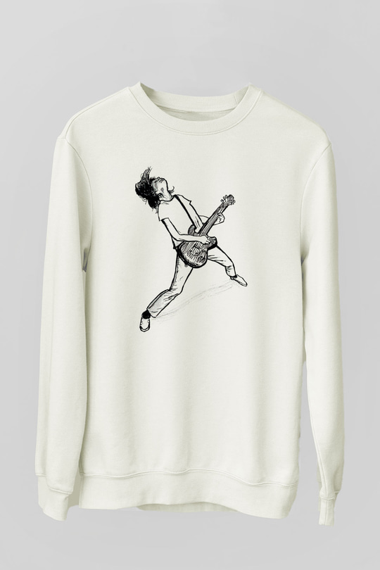 Elektro Gitar Baskılı Beyaz Unisex Sweatshirt