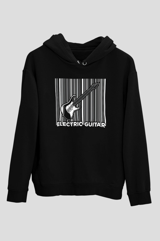 Elektro Gitar Baskılı Unisex Siyah Hoodie
