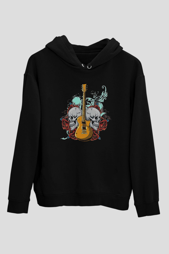 Elektro Gitar Baskılı Unisex Siyah Hoodie