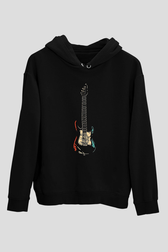 Elektro Gitar Baskılı Unisex Siyah Hoodie