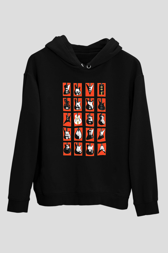 Elektro Gitar Baskılı Unisex Siyah Hoodie