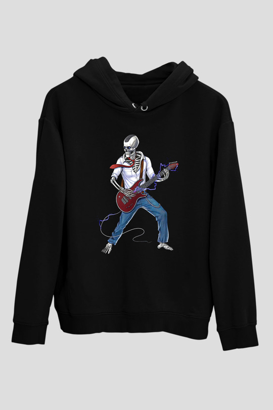 Elektro Gitar Baskılı Unisex Siyah Hoodie