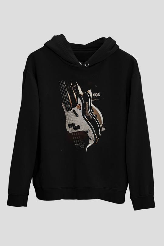 Elektro Gitar Baskılı Unisex Siyah Hoodie
