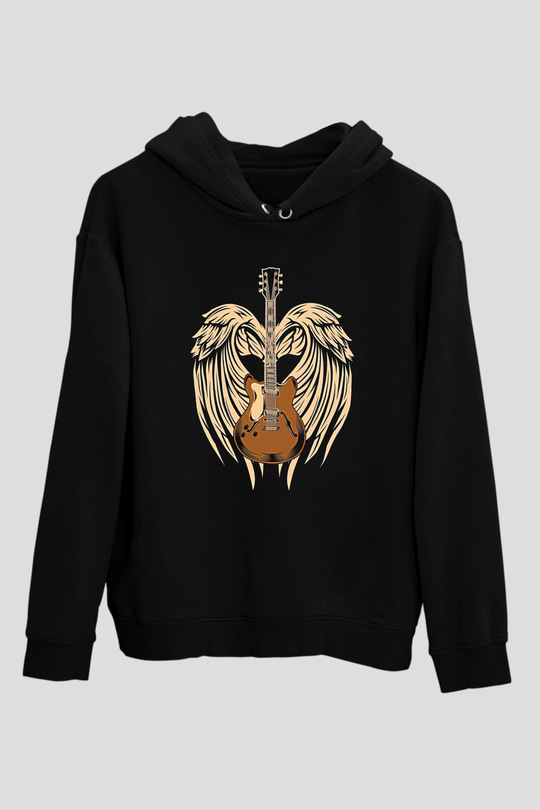 Elektro Gitar Baskılı Unisex Siyah Hoodie