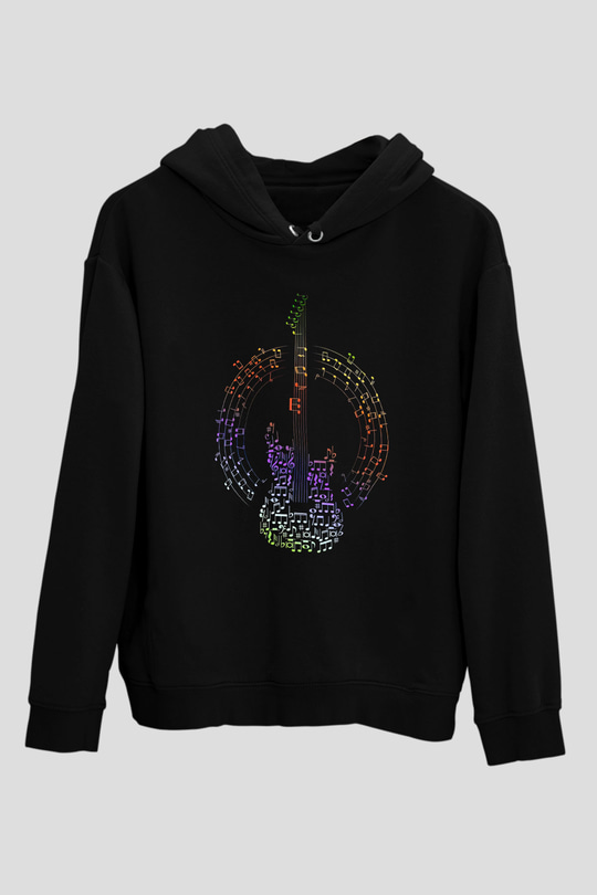 Elektro Gitar Baskılı Unisex Siyah Hoodie