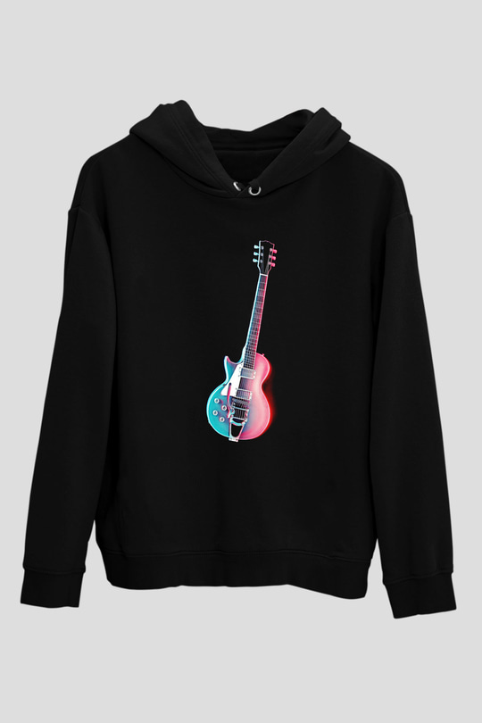 Elektro Gitar Baskılı Unisex Siyah Hoodie