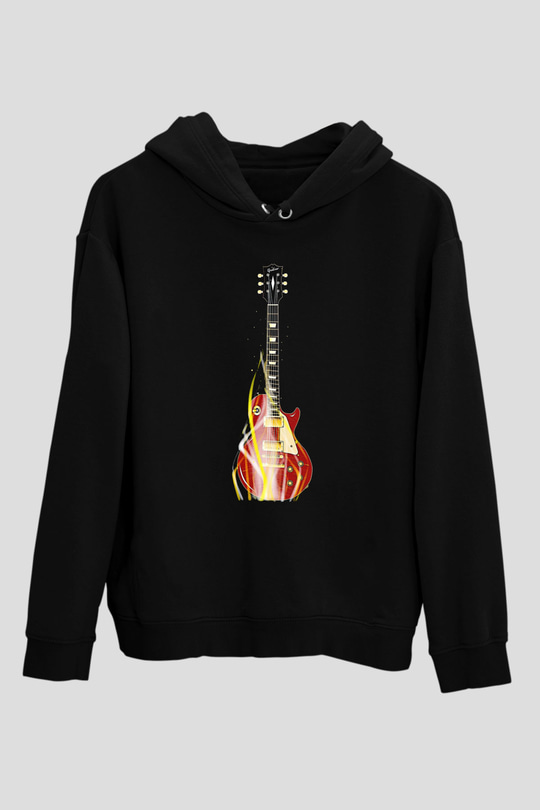 Elektro Gitar Baskılı Unisex Siyah Hoodie