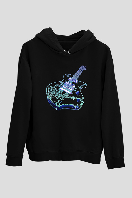 Elektro Gitar Baskılı Unisex Siyah Hoodie