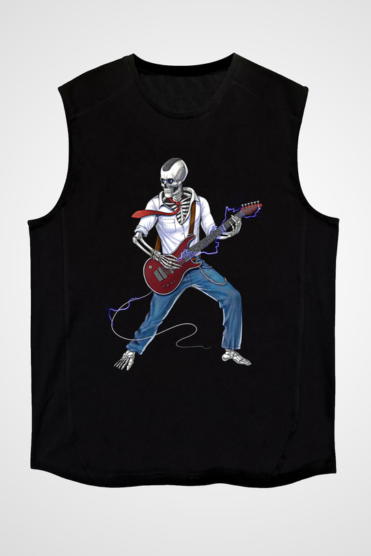Elektro Gitar Baskılı Unisex Siyah Kolsuz Tişört - Tshirt