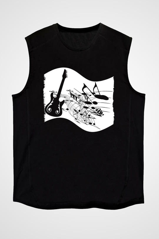 Elektro Gitar Baskılı Unisex Siyah Kolsuz Tişört - Tshirt