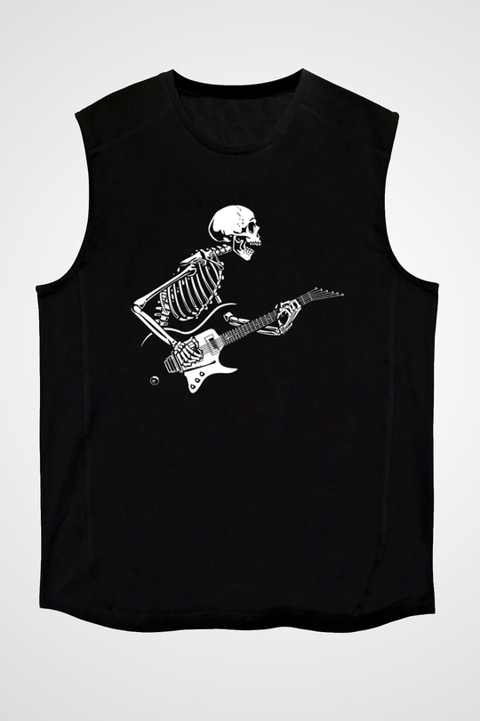 Elektro Gitar Baskılı Unisex Siyah Kolsuz Tişört - Tshirt