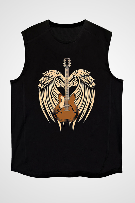 Elektro Gitar Baskılı Unisex Siyah Kolsuz Tişört - Tshirt