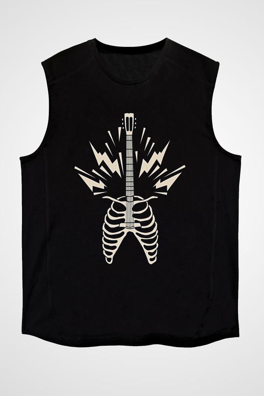 Elektro Gitar Baskılı Unisex Siyah Kolsuz Tişört - Tshirt