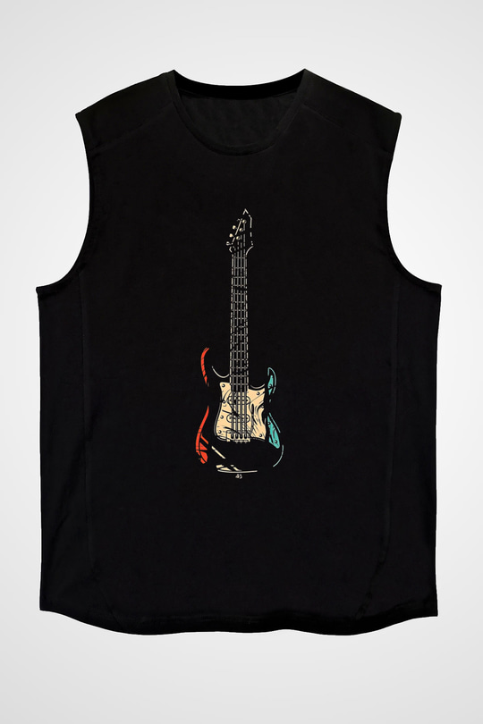 Elektro Gitar Baskılı Unisex Siyah Kolsuz Tişört - Tshirt
