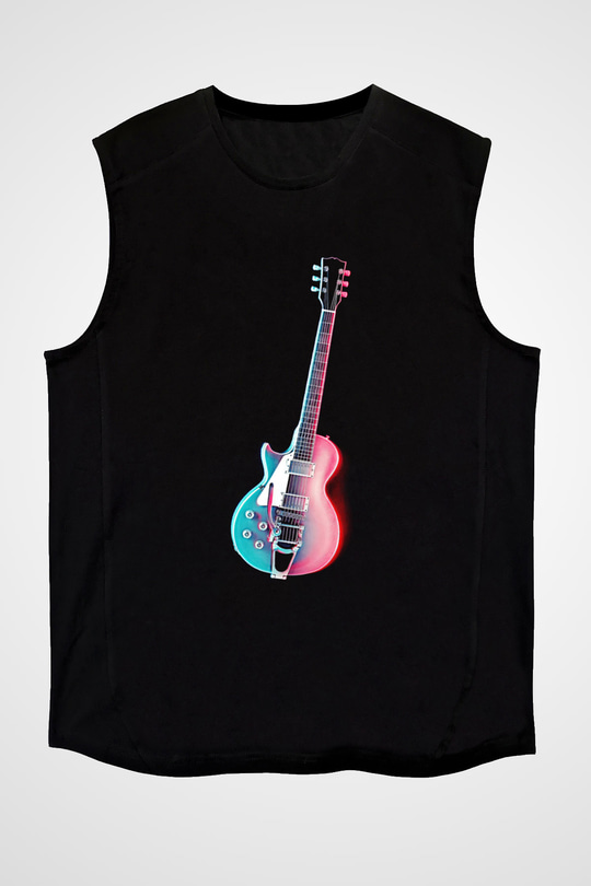 Elektro Gitar Baskılı Unisex Siyah Kolsuz Tişört - Tshirt