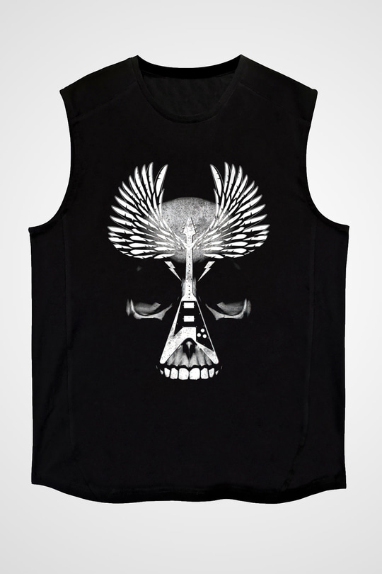 Elektro Gitar Baskılı Unisex Siyah Kolsuz Tişört - Tshirt