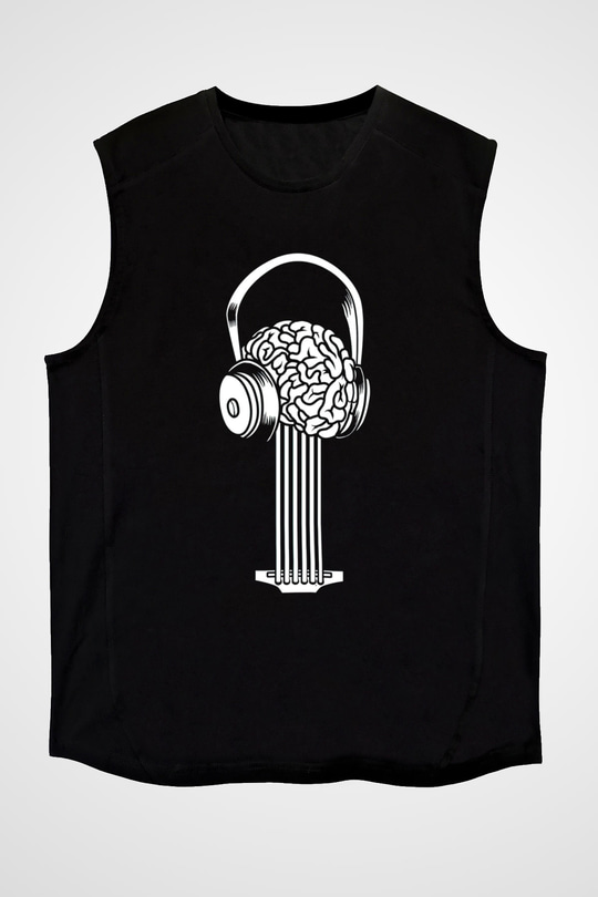 Elektro Gitar Baskılı Unisex Siyah Kolsuz Tişört - Tshirt