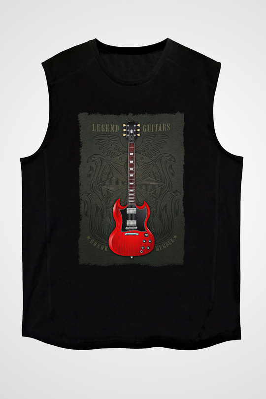 Elektro Gitar Baskılı Unisex Siyah Kolsuz Tişört - Tshirt