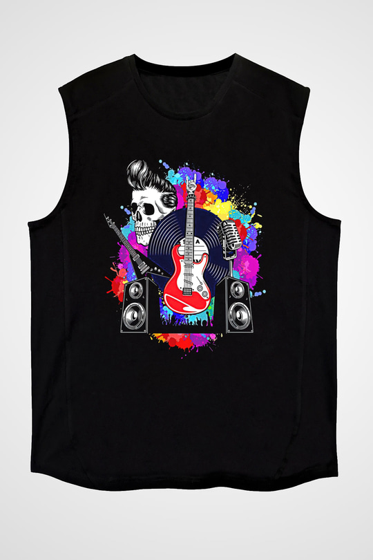 Elektro Gitar Baskılı Unisex Siyah Kolsuz Tişört - Tshirt
