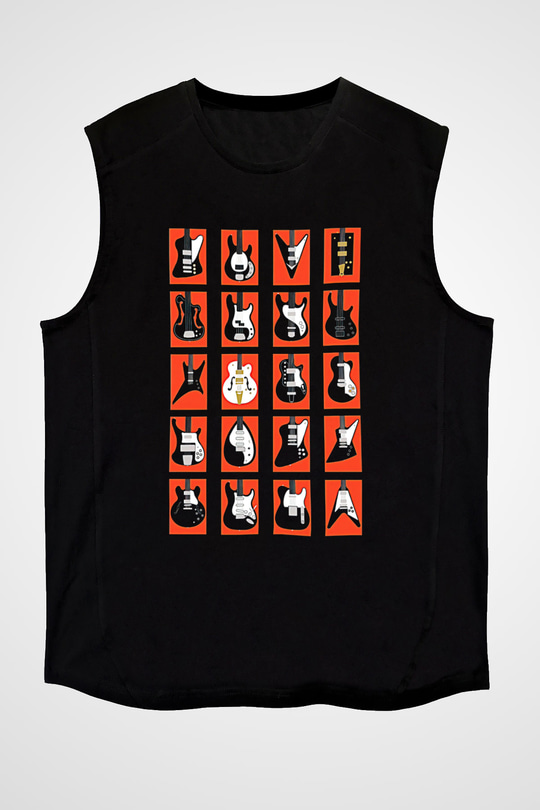 Elektro Gitar Baskılı Unisex Siyah Kolsuz Tişört - Tshirt