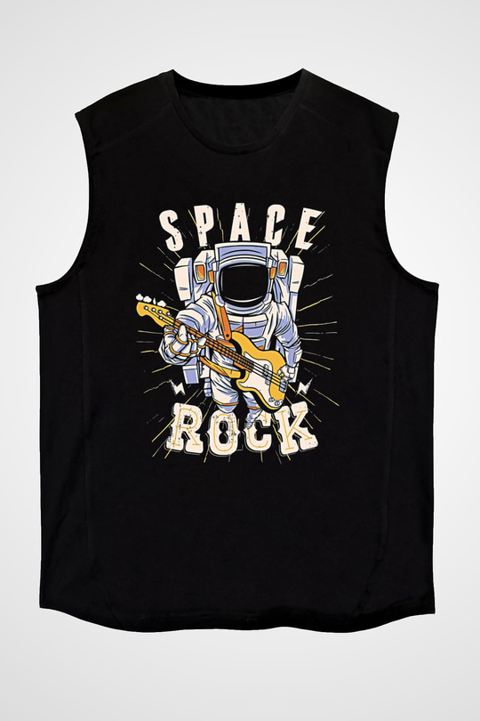 Elektro Gitar Baskılı Unisex Siyah Kolsuz Tişört - Tshirt