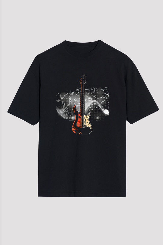Elektro Gitar Baskılı Unisex Siyah Oversize Tişört - Tshirt