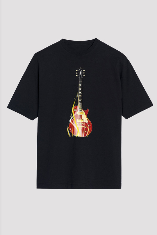 Elektro Gitar Baskılı Unisex Siyah Oversize Tişört - Tshirt