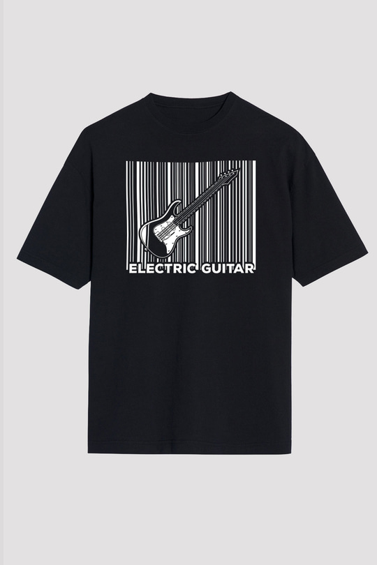 Elektro Gitar Baskılı Unisex Siyah Oversize Tişört - Tshirt